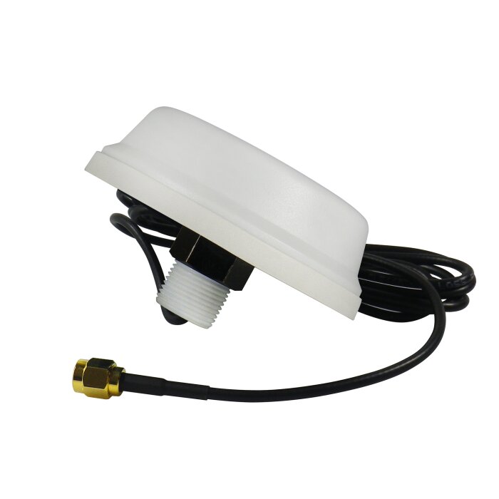 2.4 GHz WLAN omnidirectional ceiling antenna with white housing, 5dBi power gain, 1.5m cable and RP-SMA connector