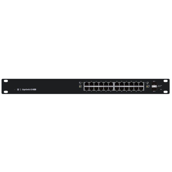Front view of the Ubiquiti EdgeSwitch 24 (ES-24-250W) with 24 PoE+ Gigabit ports and LED indicators