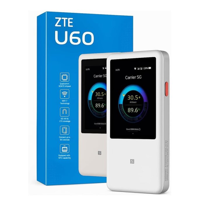 ZTE U60 Pocket 5G Router mit Wi-Fi 7 und großem 3,5-Zoll-Touchscreen.