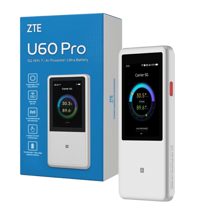 Weißer ZTE U60 PRO 5G Pocket Router (MU5250) von vorne mit eingeschaltetem 3,5-Zoll-Touchscreen.