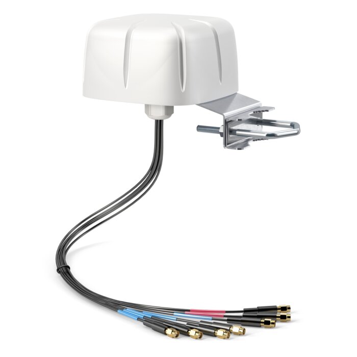 White QuWireless QuShell 42G 7-in-1 multiband antenna for 5G, 4G, Wi-Fi 6E, and GPS. This versatile antenna supports various Network technologies.