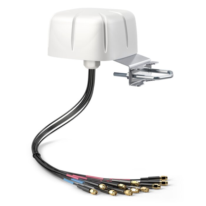 White QuWireless QuShell 46G 12-in-1 Outdoor Antenna with 5G, Wi-Fi 6E, and GPS in front view. This is a versatile 5G Antennas / Outdoor Antennas and WiFi Antennas solution.