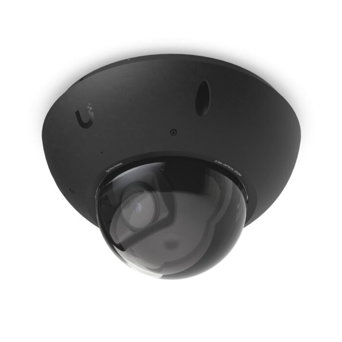Schwarze Ubiquiti UniFi G6 Pro Dome 4K-Kamera in der Frontansicht, die das Varioobjektiv und das robuste IK10-Gehäuse zeigt.