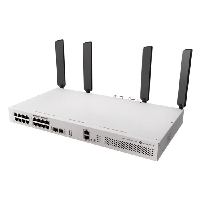 MikroTik CRS418-8P-8G-2S+5axQ2axQ-RM Cloud Router Switch with PoE and WiFi 6, functioning as a powerful MikroTik Router and MikroTik Switch, also offering WiFi Router and WiFi Access Point capabilities.