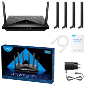 OVP mit Router, Antennen, Netzwerkkabel und Netzteil