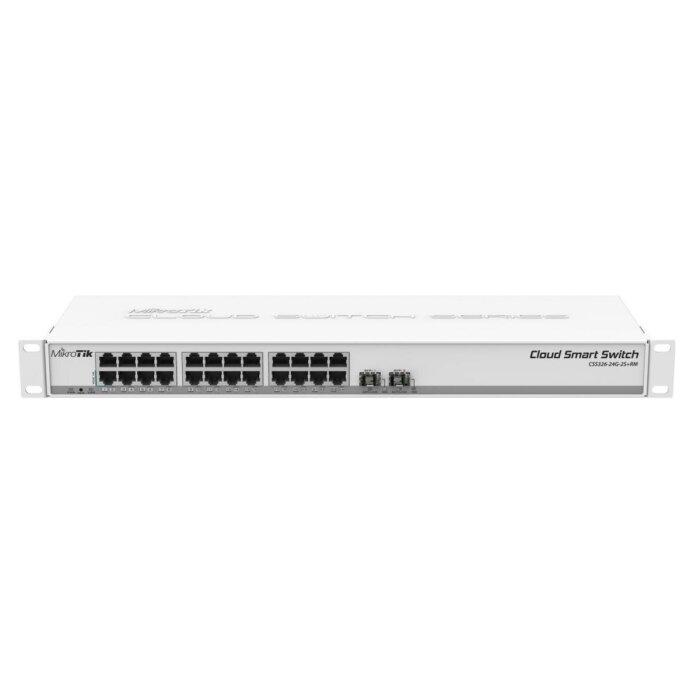 MikroTik Cloud Smart Switch CSS326-24G-2S+RM front view with all ports, an excellent Ethernet Switch for your Network.