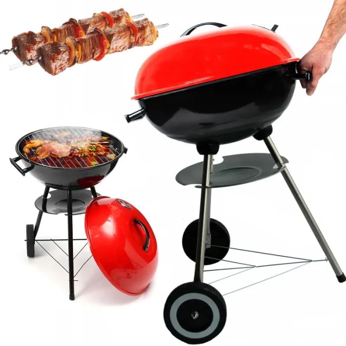 Red Extralink Home GL-603 charcoal kettle grill with lid and wheels, ideal for the garden. A perfect choice for Saison & Outdoor activities and enhancing your Home & Kitchen experience.