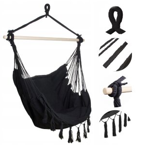 Person relaxing comfortably in black hammock chair