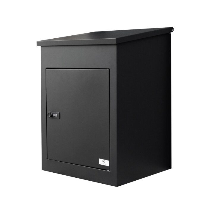 Schwarze Extralink LockStar Paketbox aus Stahl für sicheren Paketempfang an einer Hauswand montiert.