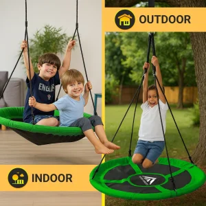 Family relaxing together on the green garden swing with high load capacity.
