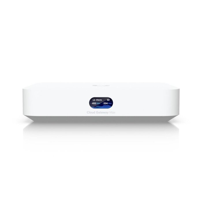 Vorderansicht des kompakten Ubiquiti UCG-MAX Routers mit Statusdisplay und 2.5 GbE Ports für kleine Unternehmen.