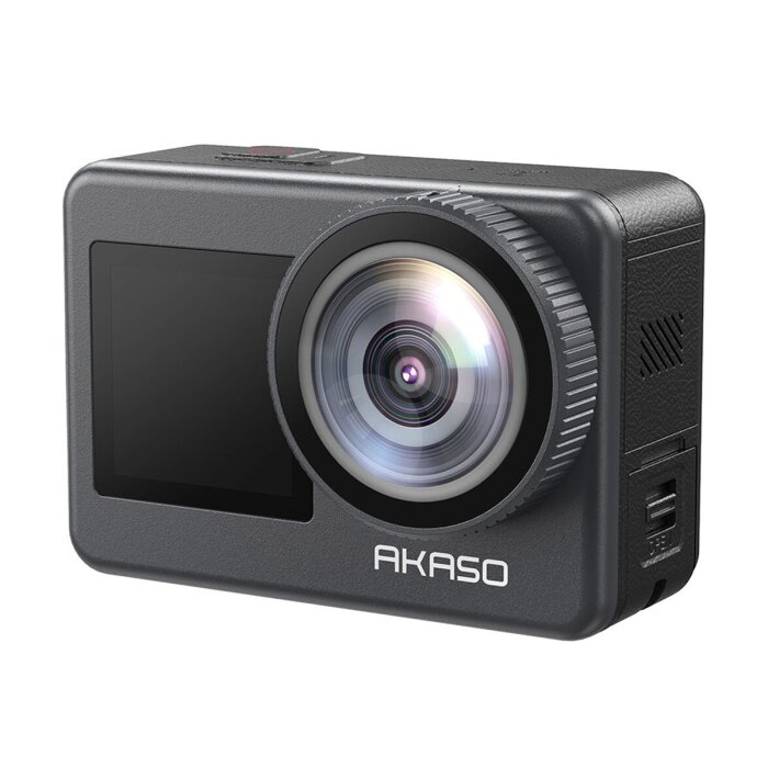 AKASO Brave 7 action camera with 4K 30fps video and waterproof case.