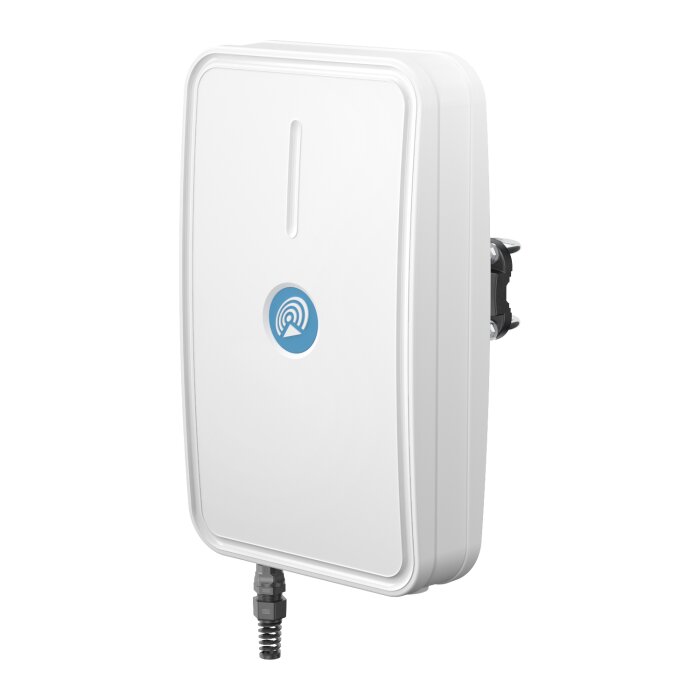Weiße QuMax A500MO All-in-One 5G Rundstrahlantenne für das Teltonika TRB500 Gateway in der Frontansicht.