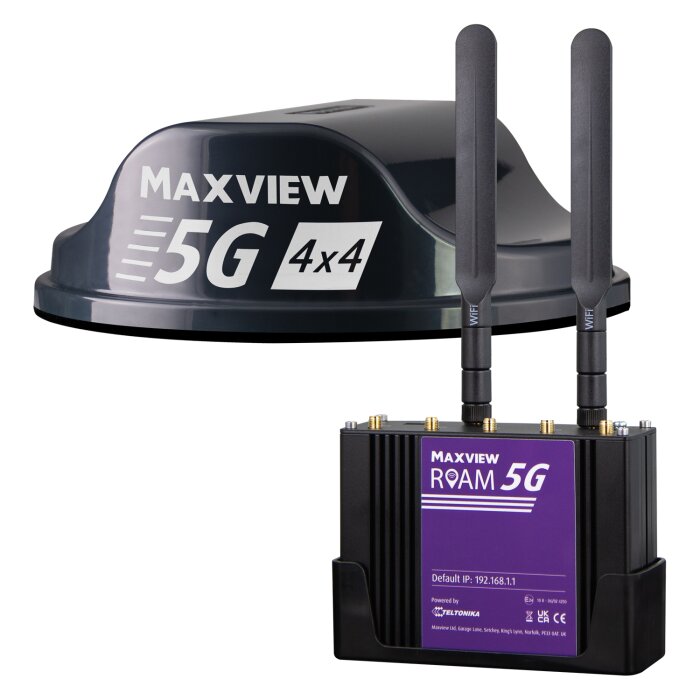 Maxview Roam 5G WLAN Komplettset auf einem Wohnmobildach montiert für beste Konnektivität.