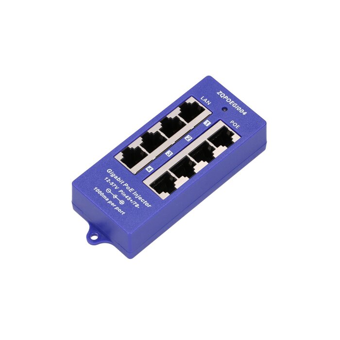 Extralink 4-Port Gigabit PoE Injector in schwarzem Metallgehäuse von vorne.