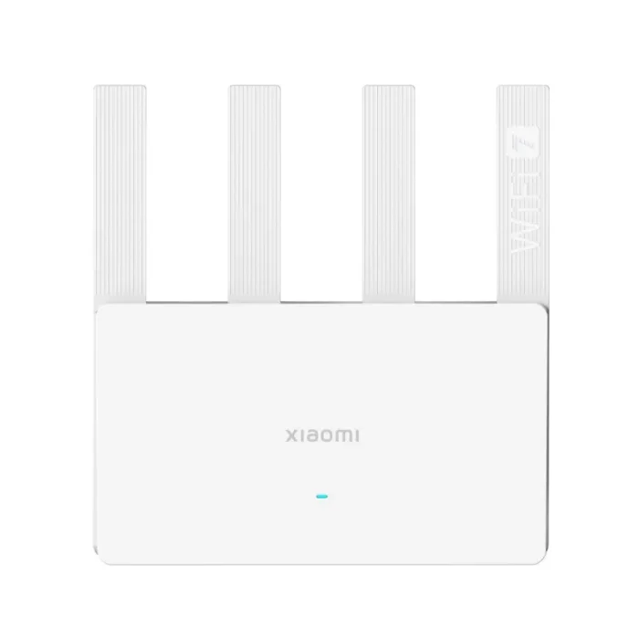 Weißer Xiaomi Router BE3600 mit vier Antennen in der Frontansicht, zeigt das moderne Design des Wi-Fi 7 Routers.