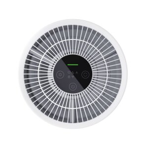 Nahaufnahme des Touch-Bedienfelds des Xiaomi Air Purifier 4 Compact mit 4-farbiger LED-Anzeige für die Luftqualität.