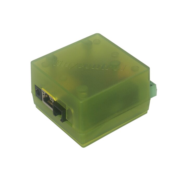 tinycontrol LK3.9 LAN controller for DIN rail mounting with visible connections such as RJ45 and screw terminals. This device integrates well into a robust Network setup.