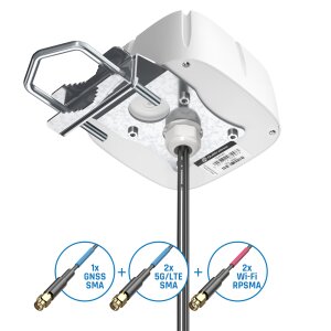 Unterseite mit Montagewinkel und drei Antennenkabeln