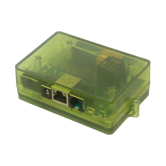 tinycontrol LK4 IoT-Controller in a DIN rail enclosure with connections for LAN, sensors, and relays, part of a robust Network.