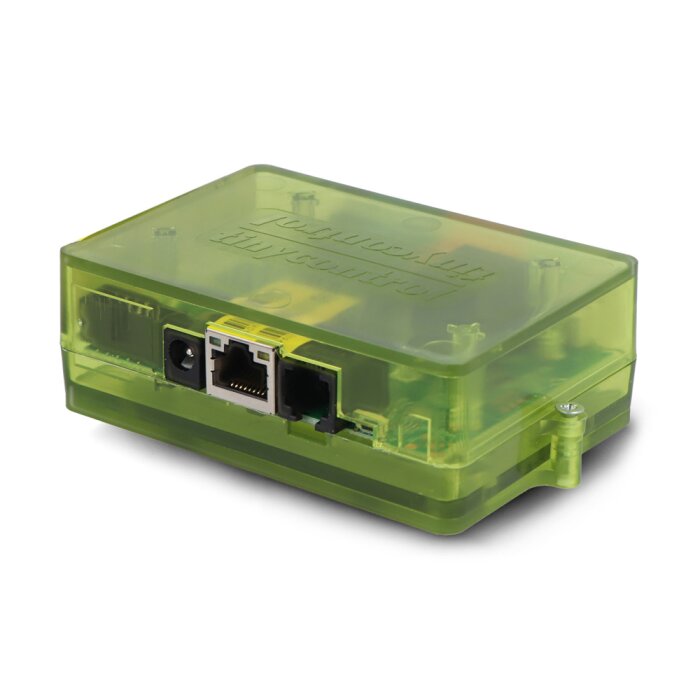 tinycontrol LK4 4G IoT Controller (LANKON-302) in a housing for DIN rail mounting, front view with connections.