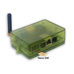 Angled view of the tinycontrol LK4 4G Controller with 4G Antenna and visible Ethernet and power connections.