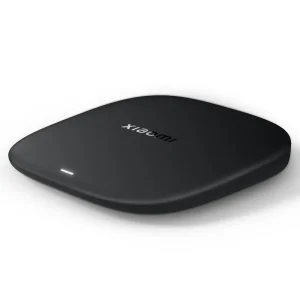 Rear view of the black Xiaomi TV Box S (3rd Gen) with HDMI 2.1, USB 2.0, and power port.