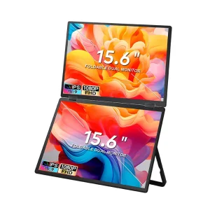 Foldable Extralink T01 Dual Screen folded next to the included carrying case, ideal for on the go.
