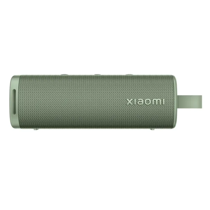 Green Xiaomi Sound Outdoor Bluetooth speaker with durable fabric cover and carrying strap.