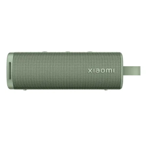 Green Xiaomi Sound Outdoor Bluetooth speaker with durable fabric cover and carrying strap.