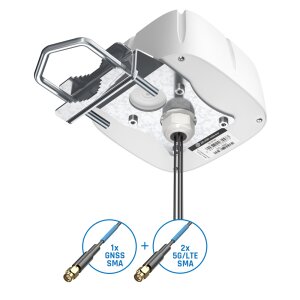 Unterseite mit Montagewinkel und drei Antennenkabeln