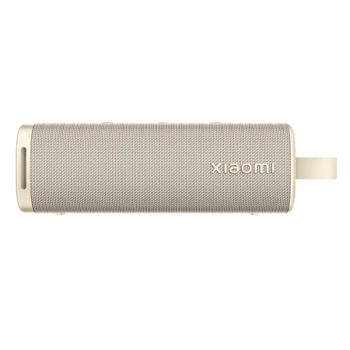 Golden Xiaomi Sound Outdoor Bluetooth speaker from the front, showing the rugged housing and controls.