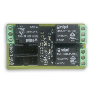 Das Erweiterungsmodul tinycontrol tBRx3 LANKON-085 mit dem mitgelieferten 30 cm IDC10-Steuerkabel.