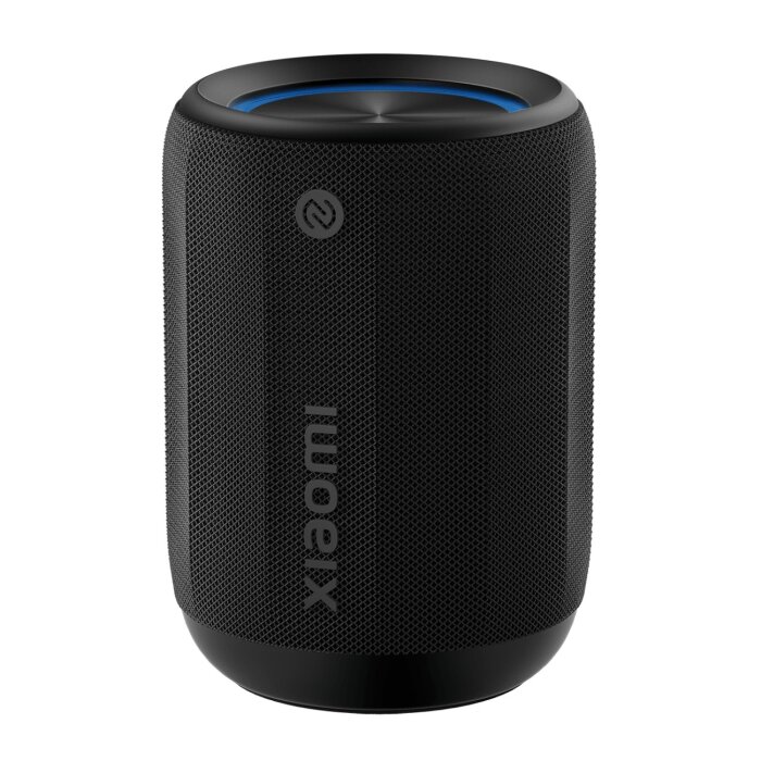 Schwarzer Xiaomi Bluetooth Speaker Mini in der Frontansicht mit sichtbarem Mesh-Gewebe und leuchtendem RGB-Ring.