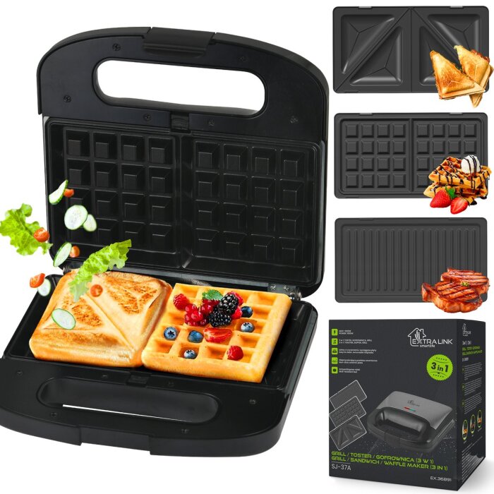 Extralink SJ-37A 3-in-1 Sandwichmaker in Schwarz-Silber mit geschlossener Klappe von vorne.