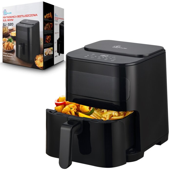 Schwarze Extralink Home SJ-520 Heißluftfritteuse mit 5.2L XXL-Kapazität und digitalem LED-Touch-Display.