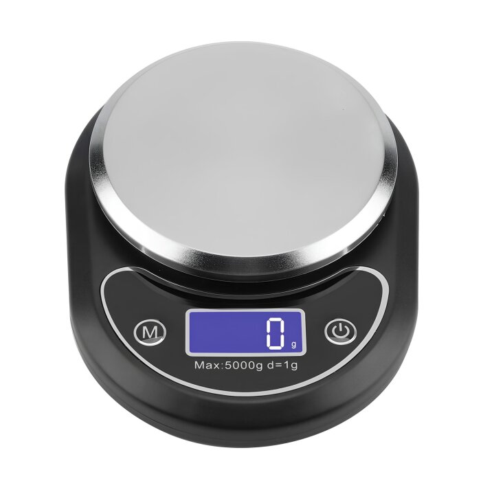 Digitale Küchenwaage Extralink Home K4 mit Wiegefläche aus Edelstahl und schwarzem Gehäuse.