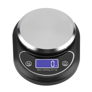 Digitale Küchenwaage Extralink Home K4 mit Wiegefläche aus Edelstahl und schwarzem Gehäuse.