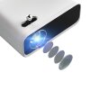 Wanbo Mini Pro Projektor projiziert ein helles 720p HD-Bild auf eine Leinwand in einem abgedunkelten Wohnzimmer.