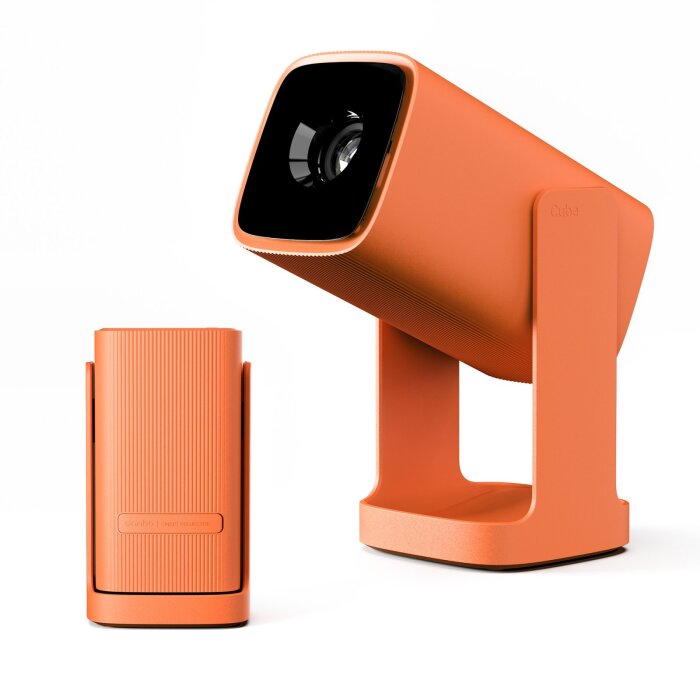 Wanbo Cube 1 Projektor in Canyon Orange von vorne, zeigt das kompakte Design und die Linse.