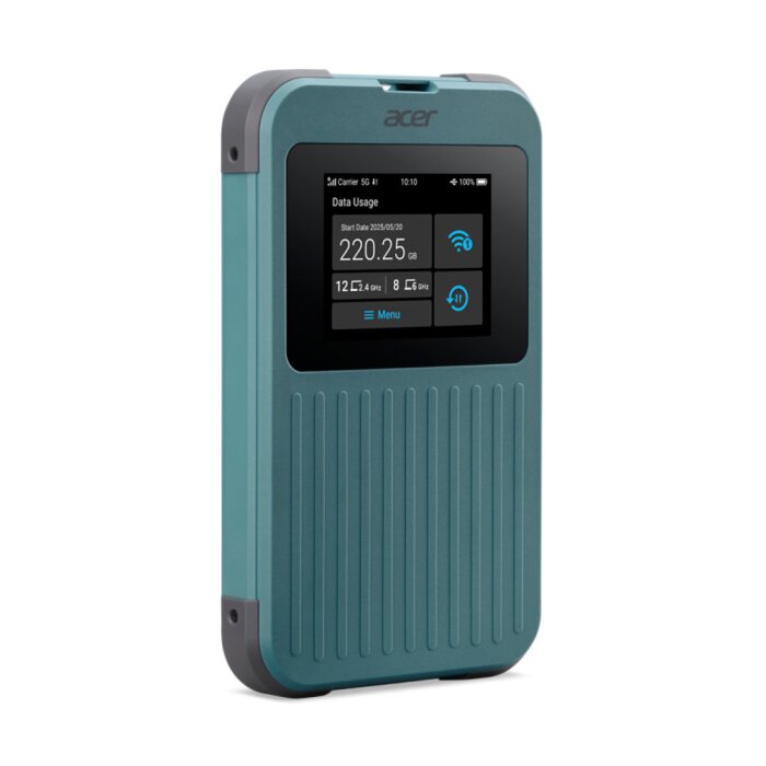 Blauer Acer Connect Enduro M4 5G mobiler Wi-Fi Router mit eingeschaltetem 2,4-Zoll-Touchscreen.