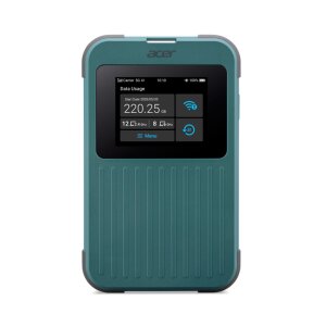 Acer Connect Enduro M4 5G MiFi-Router lädt ein Smartphone über seine 8000-mAh-Powerbank-Funktion auf.