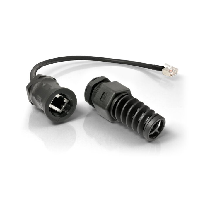 Waterproof QuWireless QuRJ45 socket adapter with IP68 protection for outdoor use.