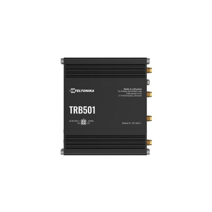 Frontansicht des robusten Teltonika TRB501 Industrial 5G Gateways mit Status-LEDs für den Einsatz in rauen Umgebungen.