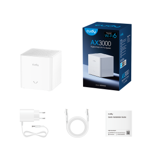 Alles, was du für dein neues WLAN brauchst: Der Lieferumfang des Cudy M3000S mit Mesh-Einheit, Netzteil und Kabel.