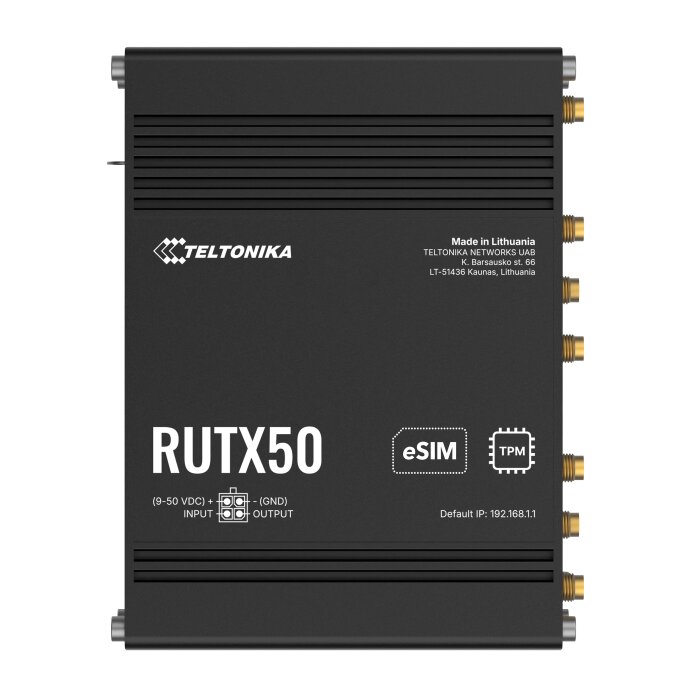 Front view of the Teltonika RUTX50, one of our top Teltonika LTE / 5G Routers, showing its 5 Gigabit Ethernet ports and the robust 4-pin power connector.