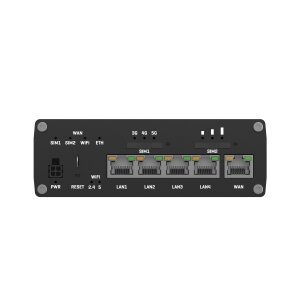 Perfect for your industrial application: The rugged Teltonika RUTX50 5G router with its aluminum housing, securely installed with Mounting Systems on a DIN rail inside an Enclosure.