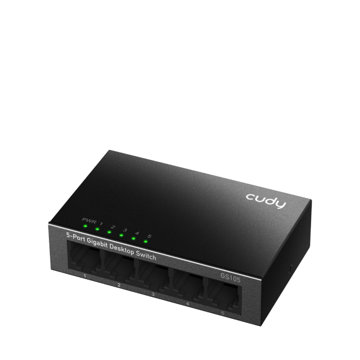 Der Cudy GS105 5-Port Gigabit Switch von vorne. Du siehst die 5 RJ45-Anschlüsse, bereit für dein schnelles Heimnetzwerk.