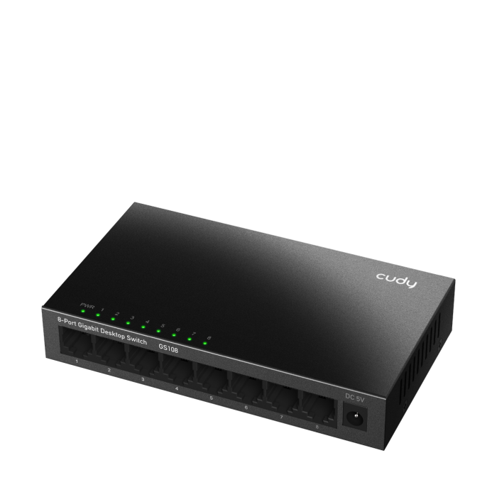Der Cudy GS108 8-Port Gigabit Switch in seinem robusten Metallgehäuse, bereit für dein High-Speed-Netzwerk.
