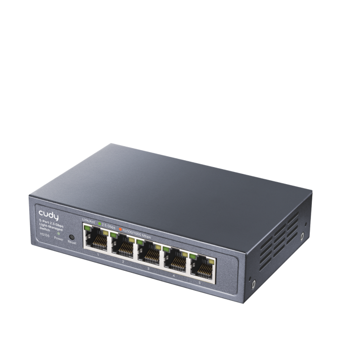 Der Cudy HS105 5-Port 2.5G Switch von vorne – sieh dir die 5 schnellen RJ45-Ports für dein Heimnetz an.